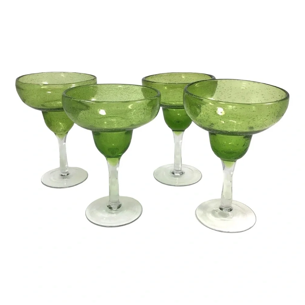 Crate & Barrel Margarita Glasses Mexican Hand Blown Bubbles Set 4